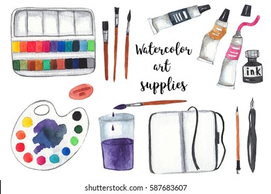 Art supplies on white isolated background. Paints, palette, brushes, ink, sketchbook, pencil and pen. Watercolor illustration - Powered by Shutterstock