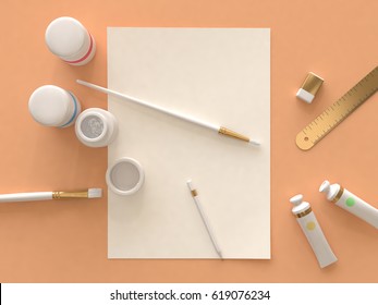 Art Supplies Orange Floor Top View 3d Rendering