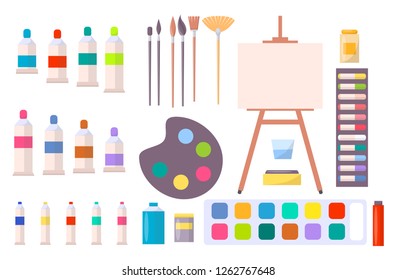 Art supplies raster illustration with icons of easel, different brushes, various paints and other tools and instruments for painting in cartoon style - Powered by Shutterstock