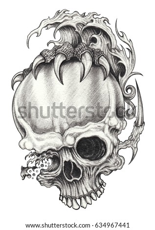 Art Surreal Skull Tattoo Hand Pencil Drawing Stock Illustration