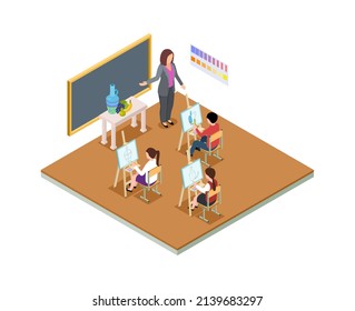 Art Therapy Session. Kids Drawing Class, Children Paint And Teacher At Desk. Isometric School Time Concept, Education Room Interior