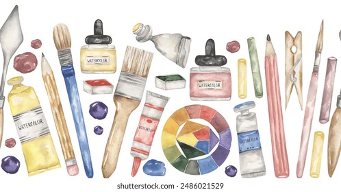 Art tools hand drawn watercolor painting icons border set. Different artistic designers elements frame illustration. Creative person equipment's clipart - Powered by Shutterstock