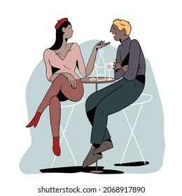 The Art Of Two Young People Woman And Man Who Relax In A Bar Drinking And Having Fun Talking Cute Fashion Illustration For Magazines Graphic Draw Design