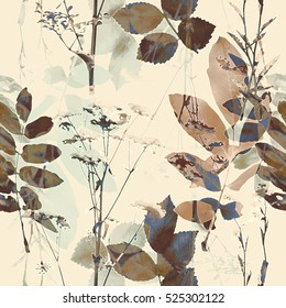 Art Vintage Blurred Monochrome Brown Watercolor And Graphic Floral Seamless Pattern With Grasses And Leaves On Background. Double Exposure Effect