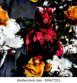 Art Vintage Colorful Watercolor And Graphic Floral Seamless Pattern With White, Black, Red And Yellow Gold Roses And Peonies  On Dark Grey Background