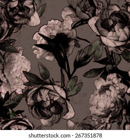 art vintage monochrome watercolor and graphic floral seamless pattern with pink peonies on dark purple background