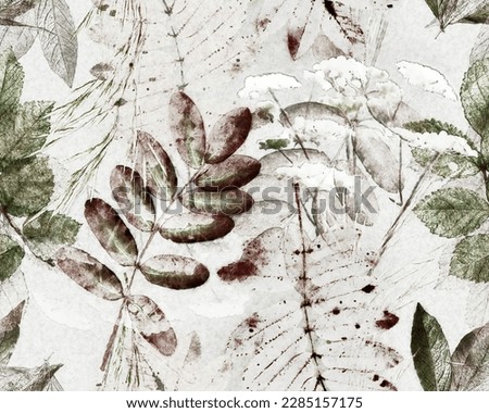 art vintage monochrome watercolor and graphic floral pattern with leaves on light background; Seamless Pattern; Illustration