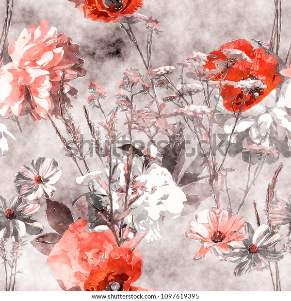 明るい背景にアートビンテージ水彩のモノクロ花柄のシームレスなパターンと赤と白のケシ 牡丹 バラ 葉 草 のイラスト素材