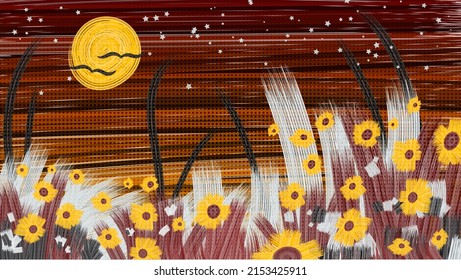 Art wallpaper. Flowers and grass against the background of the night sky with a round moon, stars, flying birds. Stylization of paint on canvas. Author's drawing.