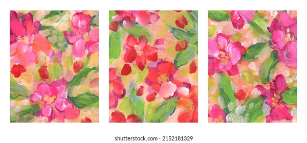 Art Watercolor And Acrylic Flower Smear Blot Painting Triptych. Abstract Texture Color Stain Brushstroke Backgrounds Set.