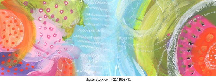 Art Watercolor   Acrylic smear blot painting and pencil  oil pastel line scribble elements  Abstract texture color stain horizontal long background 