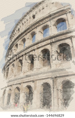 art watercolor background with european antique town, Coliseum