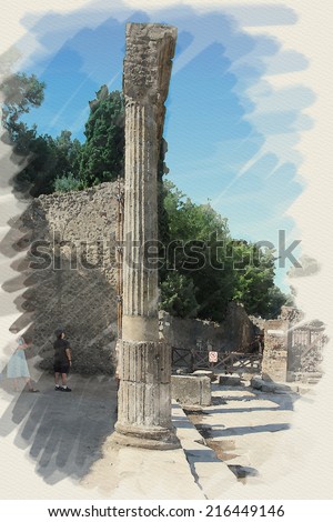 art watercolor background on paper texture with european antique town, Pompeii, Italy. Patio ruins