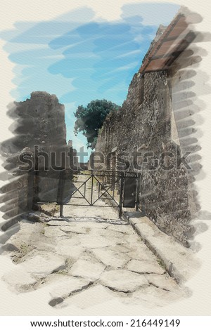 art watercolor background on paper texture with european antique town, Pompeii, Italy. Street