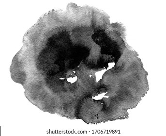 Art of Watercolor. Black spot on watercolor paper. Abstract gray spot on white background. Ink drop. Gray color.