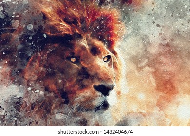 Art Watercolor Head Of Wild Lion.