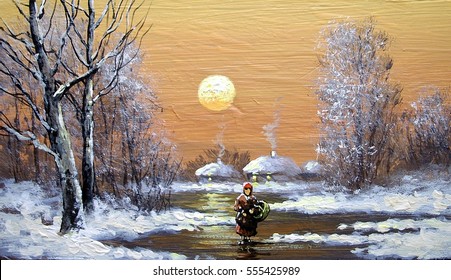 Art, Winter, Road,woman,oil Paintings.