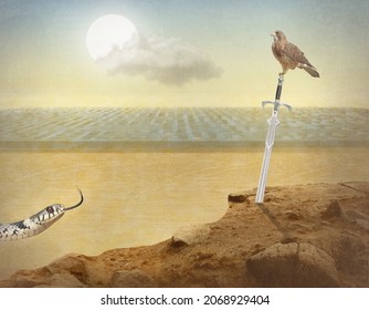 Art work photomanipulation and digital art Landscape-Desert-Labyrinth-Falcon and Snake-Historical Sword-Sun-