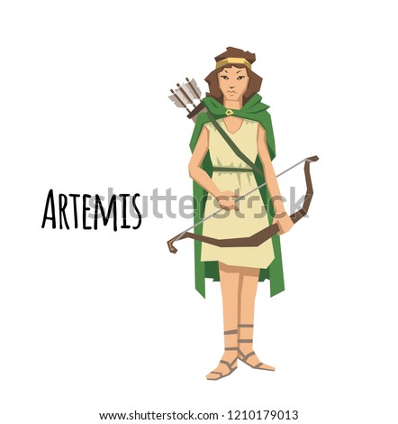 Artemis, ancient Greek goddess greek of the hunters. Ancient Greece mythology. Flat illustration. Isolated on white background. Raster version.