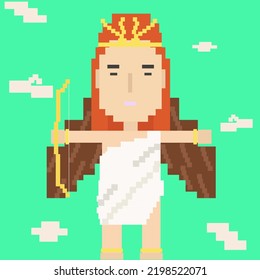 Artemis Greek God With Long Brown Hair Holding A Large Winged Bow On A White Green Background. In The Pixel Concept