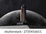The Artemis II Space Launch System (SLS) mega-rocket is prepared on the launchpad at sunrise, with the Earth and Moon visible in the background, set for its historic journey to the Moon