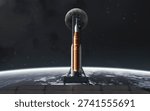 The Artemis II Space Launch System (SLS) mega-rocket awaits launch on the pad with the Moon centered behind its tip, symbolizing humanity