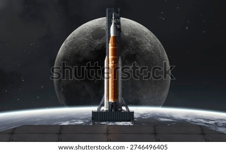The Artemis II Space Launch System (SLS) mega-rocket awaits launch on the pad with the Moon centered behind its tip, symbolizing humanity's return to the lunar surface