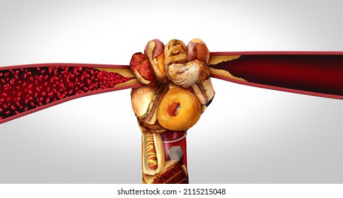 Artery disease and food causing Arteriosclerosis or clogged arteries or human vein as a hand fist with greasy fast food causing narrowing and blocking blood flow with 3D illustration elements.