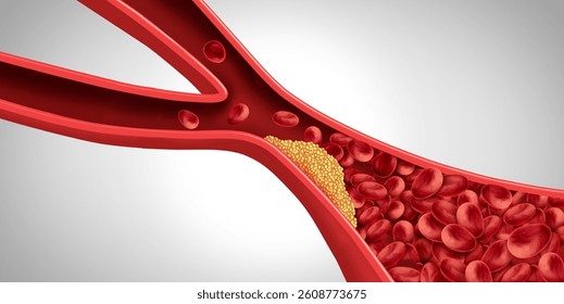 Artery Plaque causing Mini Strokes and Ministroke or transient ischemic attack as TIA stroke as blood flow in the brain blocked or heart attack as a blood clot buildup as a 3D illustration.