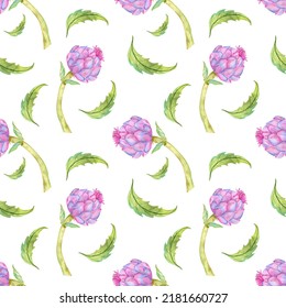 Artichoke Plant Seamless Pattern Illustration Isolated On White Background. Watercolor Flower Botanical Painting.