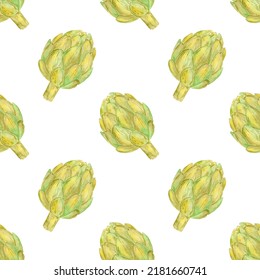 Artichoke Plant Seamless Pattern Illustration Isolated On White Background. Watercolor Flower Botanical Painting.