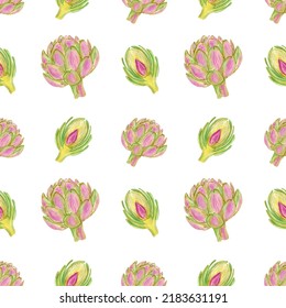 Artichoke Plant Seamless Pattern Illustration Isolated On White Background. Watercolor Flower Botanical Painting.