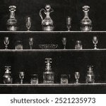 Articles of Glass (1844) print by William Henry Fox Talbot. Vintage art glasses drawing illustration, old glasses painting art print. Realistic glassware vintage illustration; glasses.