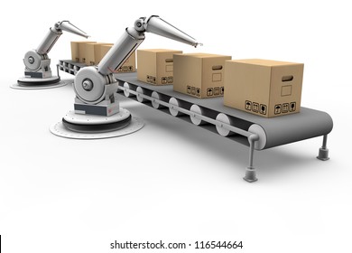 Articulated Robots Working On Boxes On Assembly Line