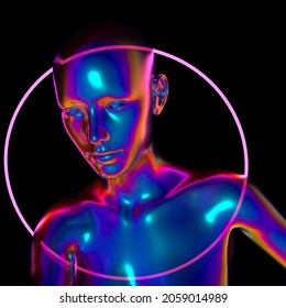 Artificial Android Human With A Neon Halo. 3D Illustration In Retrofuturistic Sci-fi Style.