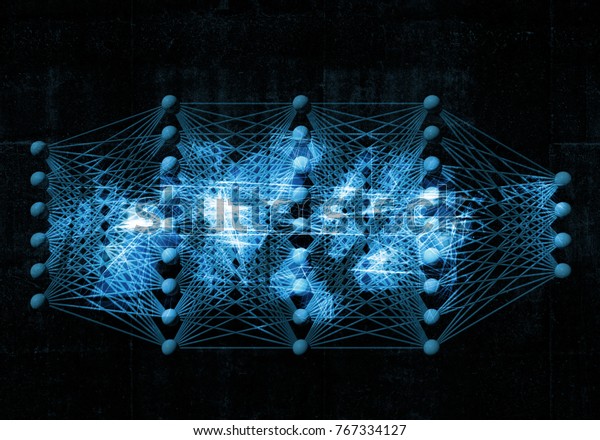 Artificial deep neural network, digital blue\
background, 3d\
illustration