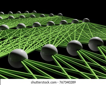 Artificial Deep Neural Network Fragment With Bright Green Links, Schematic Model Isolated On Black, 3d Illustration