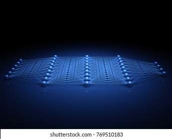 Artificial Deep Neural Network Structure, Side View. Digital Illustration With Schematic Blue Model, 3d Render