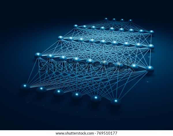 Artificial deep neural network\
structure, blue digital illustration with schematic model, 3d\
render