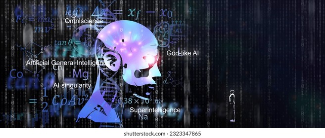 Artificial General Intelligence, AGI concept. AI can learn and solve any human's intellectual tasks. Illustration of a Humanoid robot with broad insight and understanding about everything.