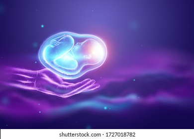 Artificial Insemination, On The Hand. Child In The Fetal Position, Embryo, Hologram. Pregnancy Concept,, Medical Examination, Future Of Medicine. 3D Illustration, 3D Render