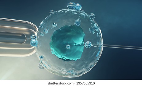 Artificial Insemination In A Scientific Laboratory Under A Close-up View Microscope. Fertilization Of An Egg Cell, Ovum, Ovule. Concept Origin Of A New Organism, Life. 3D Illustrattion