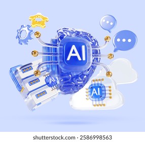 Artificial intelligence 3d blue background. Futuristic glass human brain with ai chip, data server, clouds, speech bubbles and gears. Science and technology concept, render web banner. 3D Illustration