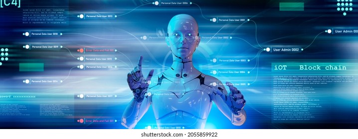 Artificial Intelligence 3D Robot Programming Computer Interface In Futuristic Cyber Space Metaverse Background, Digital World Technology