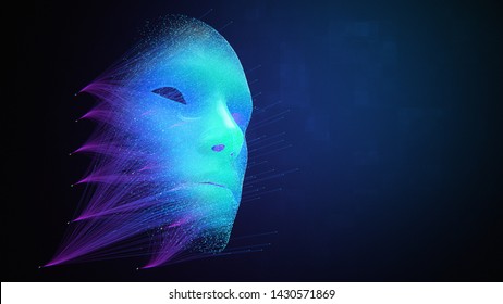 Artificial Intelligence abstract face created by neural network machine learning system, powered by big data, modern iot, DeepFake Virtual Assistant 3d illustration background