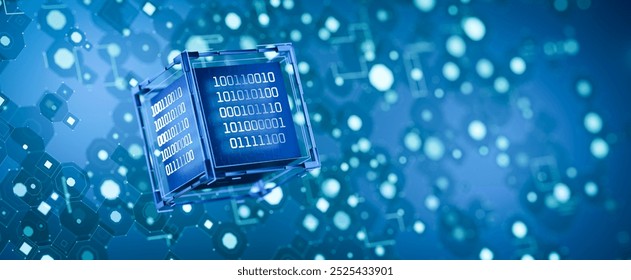 Artificial intelligence. Abstract technical background. Quantum computer. Computer code. Digital technology. Data storage. Database. Big data. Binary code. Hacker attack. AI. 3D rendering.