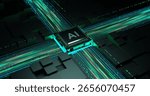 Artificial Intelligence (AI) Chip with Digital Data Flow on Futuristic Circuit Board
