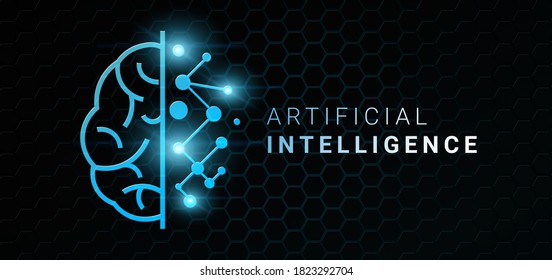 Artificial Intelligence Or AI Concept. Digital Human Brain Half And Circuit Board Element Lines And Dots Over Cell Mesh Background, Creative Illustration, Futuristic Style Website Banner, Panorama