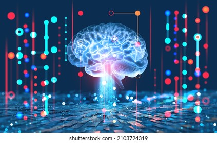Artificial intelligence, AI, cyber brain. Digital mind 3D illustration. Neural connections and data analysis network structure