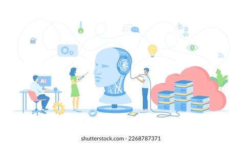 Artificial Intelligence AI, Future technology, Digital brain, Machine learning. Team works with smart brain computer, neural networks. Raster illustration flat style.	
